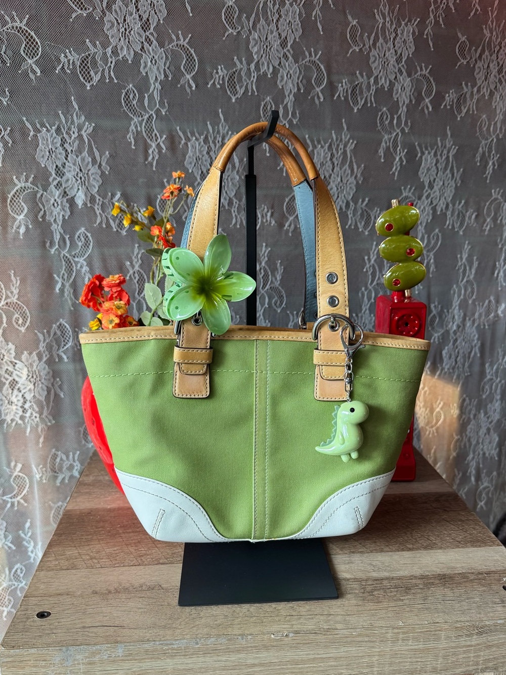 Coach Green Canvas Tote with Tan Handles and White Trim